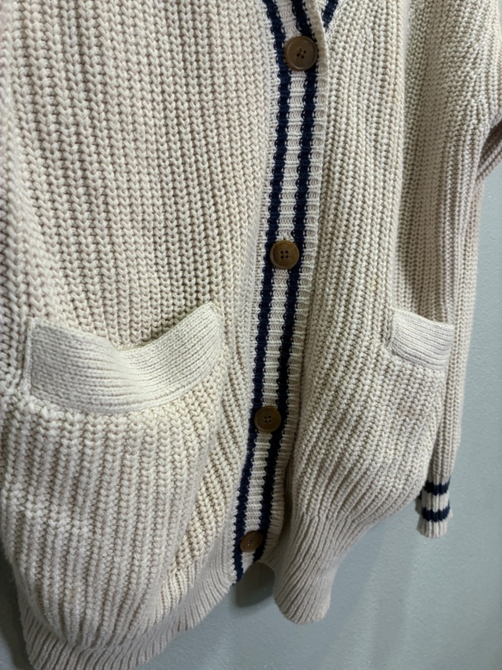 Lucky Brand Chunky Knit Cardigan Cream Navy Stripe Cozy Grandpa Preppy Women’s M - Picture 4 of 5